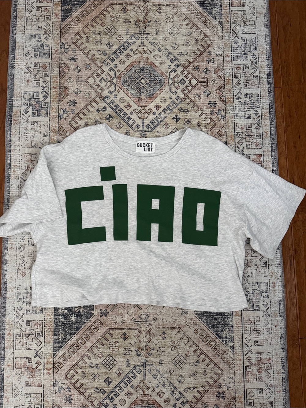 BUCKETLIST Gray Crop Tee with Green CIAO Graphic